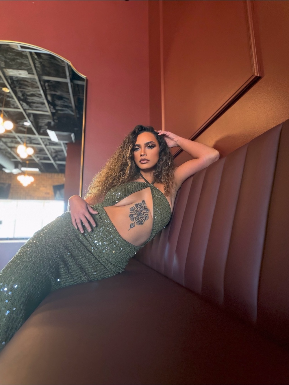 Olive green sequin cutout maxi dress
